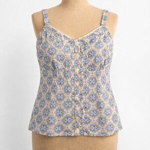 Y2K Blue Paisley Print Cotton Pintuck Lace Babydoll Cami Tank Top M Preppy Fairy